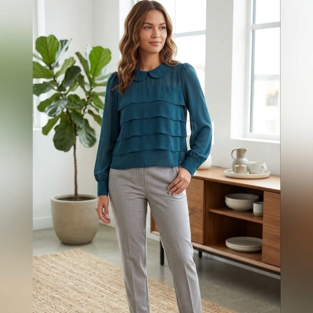 Forever 21 Teal Blue Tiered Ruffle Peter Pan Collar Long Sleeve Blouse Small